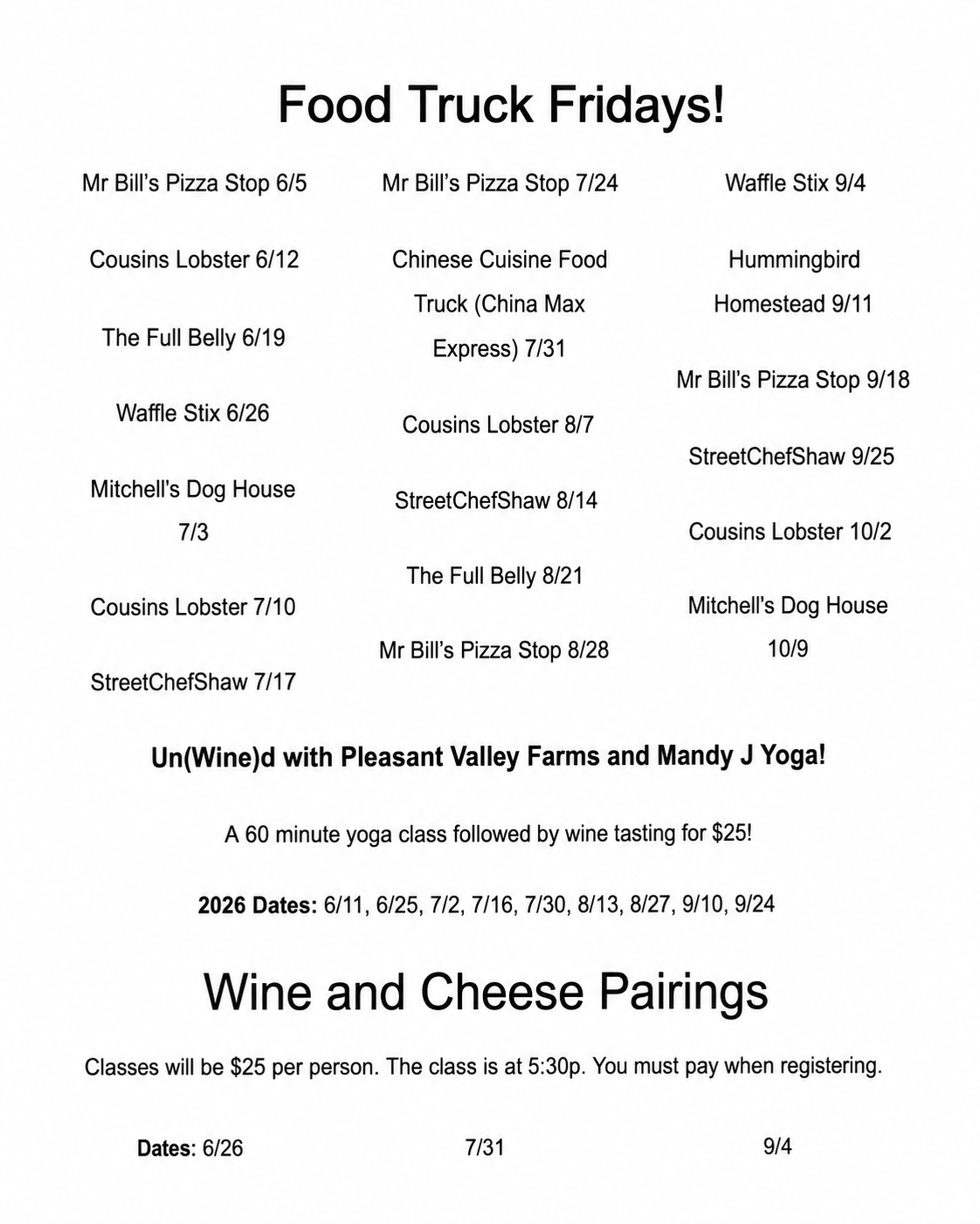 Pleasant Valley Farm and Vineyard food truck information